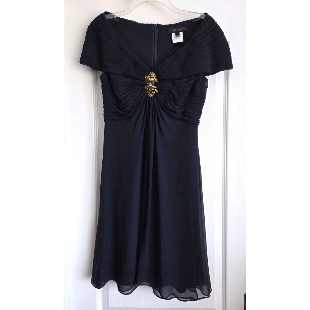 Tadashi Shoji Navy Blue Silk Ruched Portrait Neck Cocktail Dress KN90123M Size 6